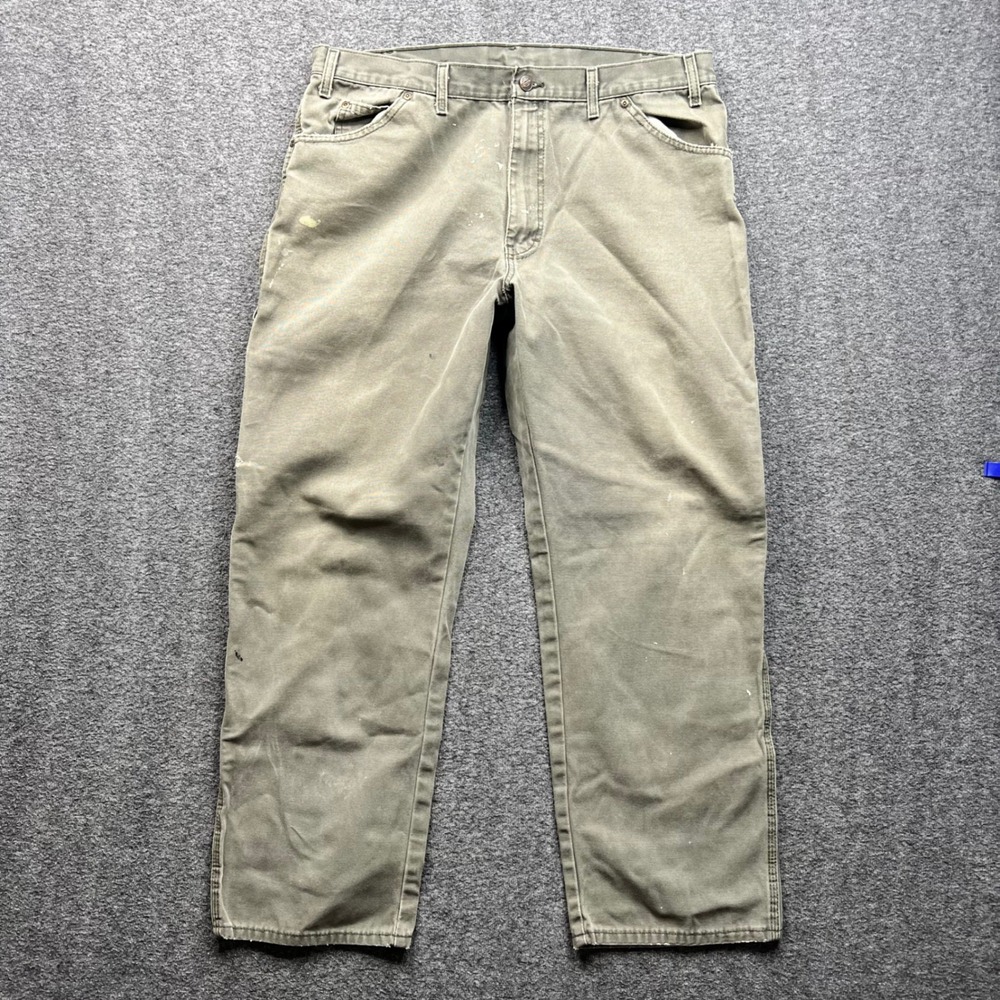 Dickies Carpenter Pants Mens 38x30 Green Canvas Duck Workwear‎ Distressed Paint